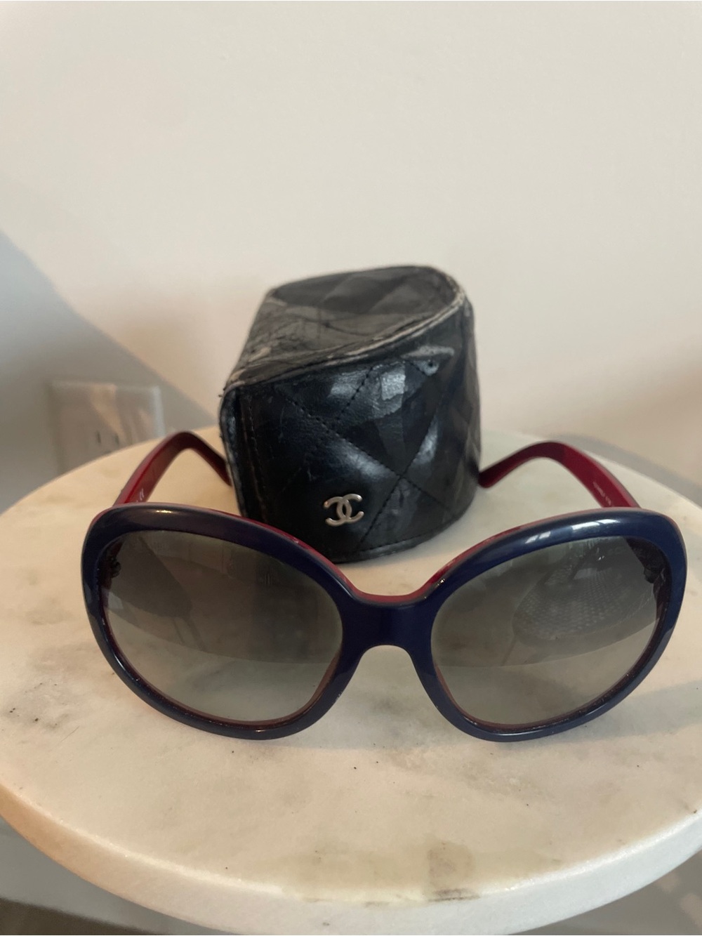 Authentic CHANEL Two-Tone Blue & Red Oversized Sunglasses with Quilted Case